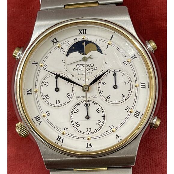 Vtg Seiko 7A48-7000 Watch Sports 100 Moonphase Original Bracelet Chronograph 103 - Picture 3 of 13